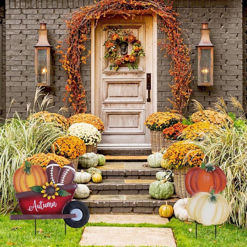 YEAHOME Fall Decorations Outdoor, Stacked Pumpkin Football Wheelbarrow Decorative Garden Stakes, Autumn Metal Cart Yard Signs for Home Outside Garden Lawn Porch Decor, Thanksgiving Decorations - Image 5